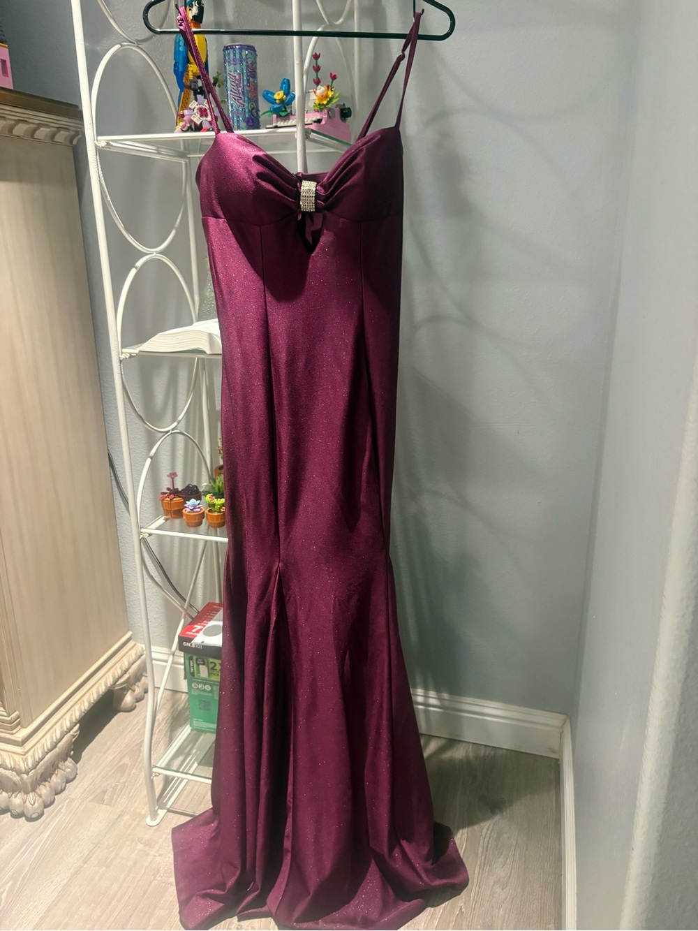 Macy's Sparkling Plum Satin Spaghetti-Strap Evening Gown
